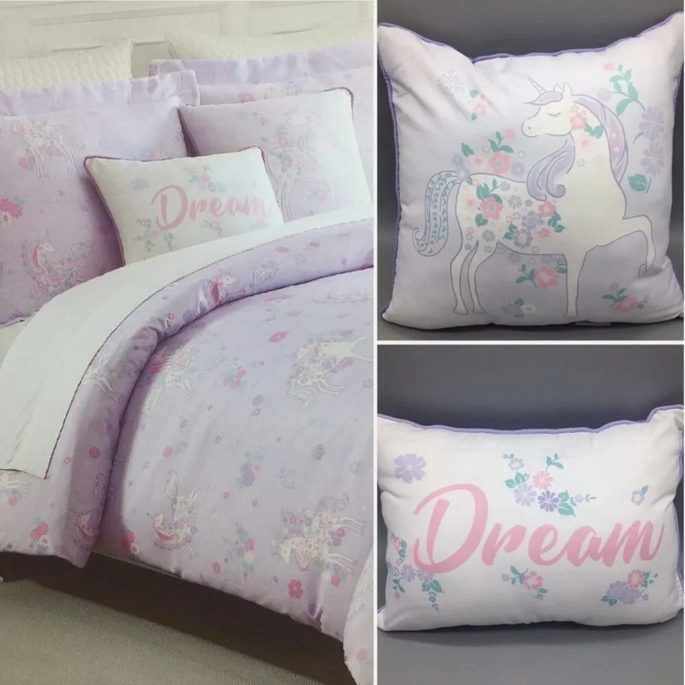 5pc Nicole Miller Unicorn FULL QUEEN Comforter Sham 2 Pillows Set Floral Purple
